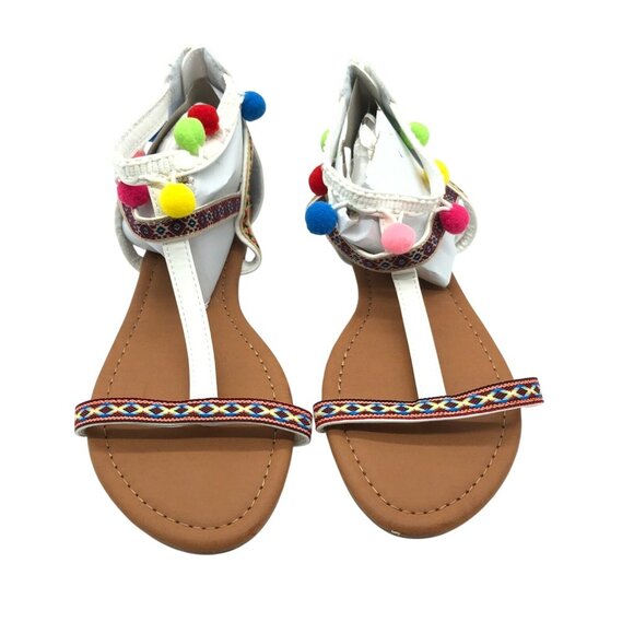 Nature Breeze Womens Sandals Pom Pom T Strap Faux Leather White Brown 8 - Picture 2 of 5